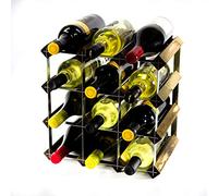 Classic 12 Bottle Dark Oak Stained Wood and galvanised Metal Wine Rack self assembley