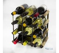 Classic 12 Bottle Dark Oak Stained Wood and galvanised Metal Wine Rack self assembley
