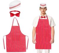 Classic 1950s Vendor Costume - Adjustable Red And White Striped Waiter Apron Complete With Hat & Bow Tie | Perfect Outfit For Hot Dog Popcorn Stand Theater Performance, Carnival Cosplay & Party