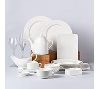 Classic 32pcs Dinnerware Sets Pure White, Elegant Ceramics Dinner Sets, Complete Porcelain Combi-Set, Fine Plates Bowls and Cups, Microwave and Dishwasher Safe, for
