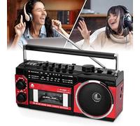 Classic 80s Retro Style Boombox, Cassette Tape Recorder, Tape/Bluetooth/plug-in Card/recording, Support FM/AM/SW Frequency Band, Insert Electricity/battery for Family Gathering/Travel,Red