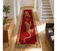 Classic Animal Print Long Runner Rug 50x150cm Burgundy Red Tiger Carpet | Traditional Double Tiger Animal Print Carpet Runner Non-Slip Washable Crimson Red Floor Mat for Kitchen Entryway Corridor