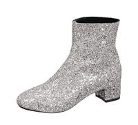 Classic Ankle/Long Boots - Short Chelsea Booties Block Heel Pu Leather Boots Boho Floral Pattern Autumn&Winter Snow Boots Women Uniform Shoes for Date Night Club Silver