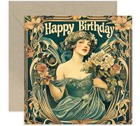 Classic Art Nouveau Styled Happy Birthday Card for Aunt Sister Niece Daughter Mum, Glamorous Woman Illustration within Floral Frame, Vintage Style Poster Print, Blank Inside