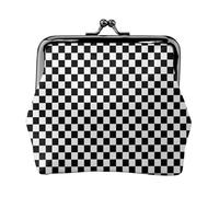 Classic Black and White Race Check Checkered Geometric Win, PU Leather Coin Purse, Small Wallets, Change Pouch with Kiss Lock Clasp Buckle, Change Purse