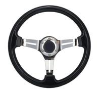 Classic Black Car Racing Steering Wheel Chrome Silver Spokes 14" Flat Dish Sports Wood Grain Steering Wheel Anti-slip with Horn Button