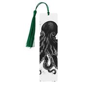Classic Black Octopus Wooden Bookmarks 5 Pcs,Handmade Double-Sided Printed Book Marks Page Markers with Dark Green Tassels Book Accessories Gift for Book Lovers Women Men