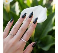 Classic Black Press On Nails Almond Shape - Short False Nails with Glossy Finish, Reusable Stick On for Women, Elegant Touch French Tips, Long Lasting & Easy to Apply (24PCS) (Obsidian Shine Nails)