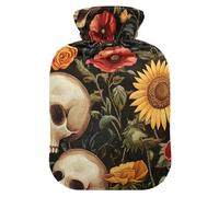 Classic Black Skull Flower Hot Water Bottles with Soft Velvet Cover Hot Water Bottle for Neck Shoulder Pain Relief M