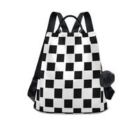 Classic Black White Checkerboard Squares Womens Backpack, Fashion Daypack Rear Zip Multi Pocket Leather Handle 17L