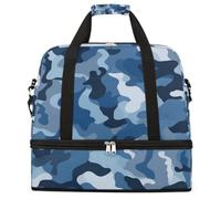 Classic Blue Camo Pattern Foldable Travel Duffel Bag Large Capacity Sports Gym Bag with Wet Dry Compartment Shoe Pocket Lightweight Carry On Overnight Weekender Bag for Women Men