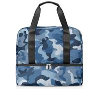 Classic Blue Camo Pattern Sports Tote Gym Bag for Women Men, Travel Duffel Bag with Shoe Compartment Large Capacity Workout Overnight Bag for Fitness Yoga Swimming Weekend