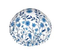 Classic Blue Floral Blossom Shower Cap Reusable Waterproof Double Layer Elastic Hair Bath Caps For All Hair Lengths
