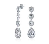 Classic Bridal Jewelry Fashion Statement Triple Round Pave CZ Halo Long Linear Pear Shape Dangle Teardrop Chandelier Earrings For Women Wedding Prom Silver Plated