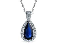 Classic Bridal Jewelry Pear Shape 24X15 Solitaire Teardrop Halo AAA CZ Simulated Blue Sapphire Pendant Necklace For Women Prom Bridesmaid Wedding Silver Plated
