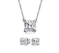 Classic Bridal Jewelry Set Solitaire Square Cubic Zirconia AAA CZ Royal Asscher Cut Stud Earrings Necklace Pendant For Women .925 Sterling Silver