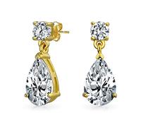 Classic Bridal Simple Cubic Zirconia Teardrop AAA CZ Dangle Drop Earrings For Women Prom Gold Plated .925 Sterling Silver Large 12MM