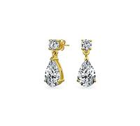 Classic Bridal Simple Cubic Zirconia Teardrop AAA CZ Dangle Drop Earrings For Women Prom Gold Plated .925 Sterling Silver Small 6MM