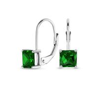 Classic Bridal Simulated Emerald Princess Cut Green Cubic Zirconia Solitaire Square AAA CZ Leverback Earrings For Women .925 Sterling Silver