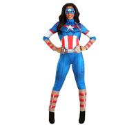 Classic Captain America Women's Costume - Printed Superhero Bodysuit, Mask, and Belt, Red, White, Blue, XS
