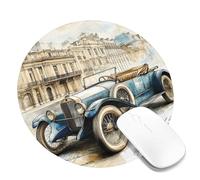 Classic Car Art Mouse Pad, Blue Vintage Stitched Edges Watercolor Non-Slip Rubber Washable Mouse Pad for Home Office Laptop Round 8" x 8"