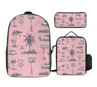Classic-Car Beach Palm Trees 3 Pieces Set Laptop Backpack Casual Daypack with Lunch Box Pencil Case for Travel