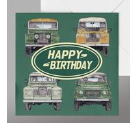 Classic Car Birthday Card. Highly orginal 4x4 Car Birthday Greetings Card featuring an iconic hand painted Series 1, Series 2, Series 3 and Defender style 4x4