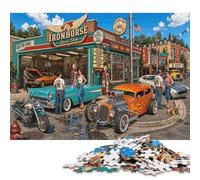 Classic Car Garage 1000 Piece Wooden Jigsaw Puzzle,Wood,Impossible Challenge,Educational Toy Retro Hot Rod,Home Wall Decor,Gift Idea,Adults & Kids 14+,Stress Relief (75x50cm)
