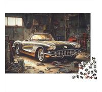Classic Car Garage Scene Jigsaws 1000 Pieces for Adults on Thick Blue Board Jigsaws for Adults As A Fun And Challenging Family Game for Collectible Art 38x26cm/1000pcs