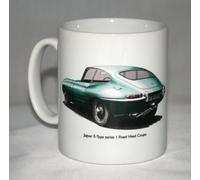 Classic Car Mug. Jaguar E-Type S1 Fixed Head Coupe & Boot Badge Illustrations.