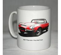 Classic Car Mug. Jaguar E-Type Series 1 Drop Head Coupe & Horn Badge Illustrations.