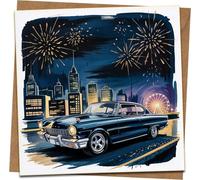Classic Car Night City Fireworks Greeting Card 145mm x 145mm with Kraft Envelope - Birthday Card for Him, Dad, Husband, Men, Retro Auto Theme