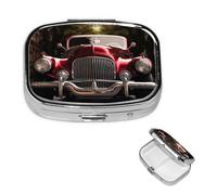 Classic Car Pill Box 2 Compartment Square Portable Pill Case for Pocket or Purse Small Weekly Medicine Planner Travel Pillbox with Mirror Decorative Metal Vitamin Holder Gifts