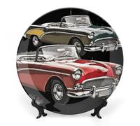 Classic Car Roadsters Old Fashioned Bone China Decorative Plate with Display Stand Porcelain Wall Hanging Plate for Home Office Decor Elegant Round Ceramic Plates for Home Decor & Gift Idea 10inch