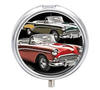 Classic Car Roadsters Old Fashioned Pill Box Travel Pill Organizer 3-Compartment with Mirror Design Portable Round Medicine Case for Vitamins, Jewelry & Essentials Durable Pocket Pillcase for Purse, C