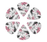 Classic Celluloid Picks Set Japanese Mountains Floral Blossom, 6 Pack 351 Shape for Banjo, Acoustic Guitar & Ukulele Players, Three Thickness Options