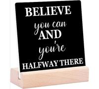 Classic Ceramic Table Plaque with Wooden Stands - Believe You Can and You're Halfway There with Inspiring Quotes Tabletop Sign Home Office Desk Decor