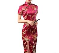 Classic Chinese Qipao Dress for Women Featuring Long Fork and Stylish Retro Look for Various Occasions (XL Dark Red)