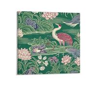 Classic Chinese Style Canvas Wall Art 12x12in,Green Red Yellow Teal Duck Floral Canvas Print Wall Artwork Ready to Hang Rustic Wall Plaque Poster for Home Office Living Room Bedroom Decoration