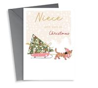 Classic Christmas Card - For Niece - Cute Sausage Dog with Christmas Tree on a Sleigh