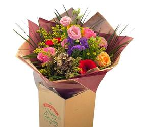 Classic Christmas Fresh Flower Arrangement - Roses, Gerbera- Lisianthus, Holiday and Winter Floral Fresh Seasonal Bouquet Gift