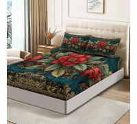 Classic Christmas Red Flower Green Printed Fitted Sheet King (71" x 79") - Microfibre Bed Sheet, Soft Breathable Deep Pocket Mattress Cover with Elasticated Fit, Easy Care Bedding for Bedroom Home