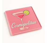 Classic Cocktail Acrylic Coaster Gift - Retro 1950s-60s Cocktail Lounge Design with Pink Cosmopolitan Martini Glass and Lime Motif for Home Bar Decor