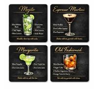 Classic Cocktail Recipe Coaster Set, 4 Piece MDF Drink Coasters with Mojito, Espresso Martini, Margarita, Old Fashioned Recipes