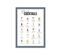 Classic Cocktails Print A3 Print in Grey Frame Home Bar Framed Wall Art Drink Recipe Kitchen Wall Art 33.5 X 45.5cm (13.2x18inch)