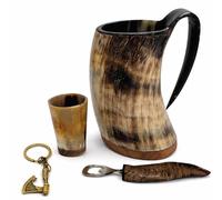 Classic Collection UK7 Ltd Natural Horn Mug Gift Set with Shot Cup, Bottle Opener & Axe Keychain - Viking Style Drinking Mug & Accessories for Bar Display, Décor & Gifting (Natural Finish Set)