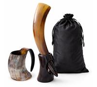 Classic Collection UK7 Ltd Viking Drinking Horn & Horn Mug Gift Set - Handmade Natural Horn Mead Horn with Stand, 400-500ml Mug, Gift Pouch - Norse Medieval Barware Bundle