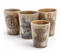 Classic Collection UK7 Ltd Viking Horn Shot Glasses Set - Engraved Natural Horn Cups, Norse Drinking Horns (Natural Glass, Multicolor)