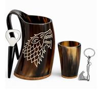 Classic Collection UK7 Ltd Viking Natural Horn Drinking Mug with Wolf Design, 500ml Capacity, Includes Shot Glass and Bottle Opener and Norse Axe Keychain (Dire Wolf Set)