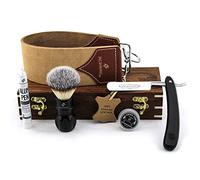 Classic Collection Vintage Barber Salon Outstanding Wooden Box Straight Cut Throat Plastic Razor, Synthetic Silver Tip Shaving Brush, Leather Strop, Honing Paste, Set 5 Pc Luxury Kit